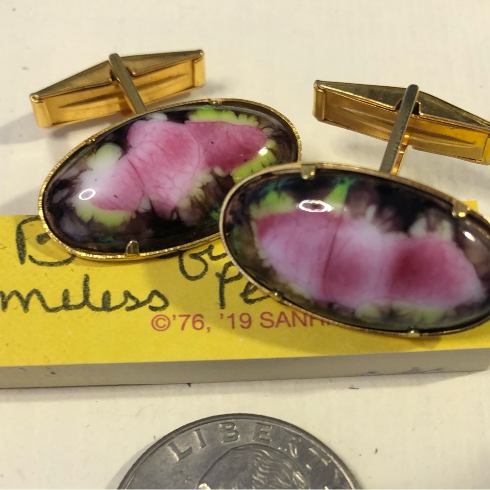 VINTAGE cuff links RHODONITE pink flowers WEDDING PROM